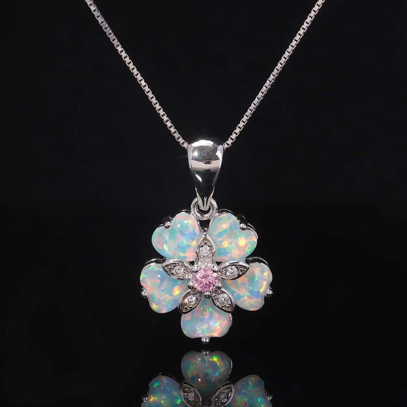 CiNily Flower Opal Pendant Necklace Box Chain 18K White Gold Plated Pink Topaz Zircon Opal Jewelry for Women, Gemstone Necklaces Lovers Birthday Friendship Jewelry - Image 2